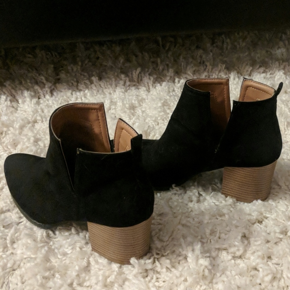 Pointed toe stacked heel cut out booties